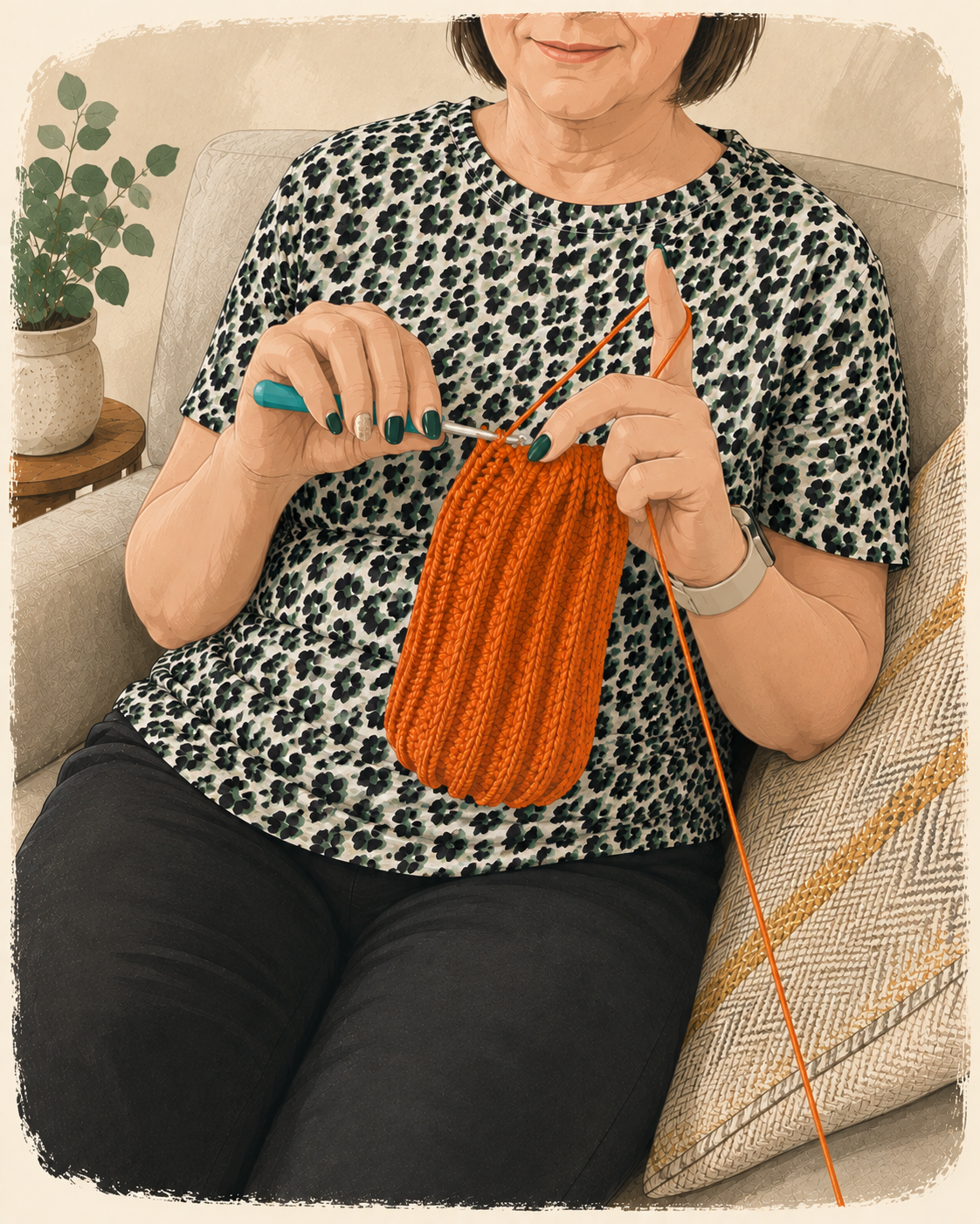 Hands crocheting with mint green yarn